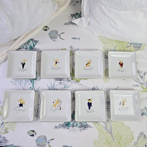 8 pc Pottery Barn Reindeer Appetizer Snack Cookie Plates Silver Trim 6.5" Square - Picture 2 of 7